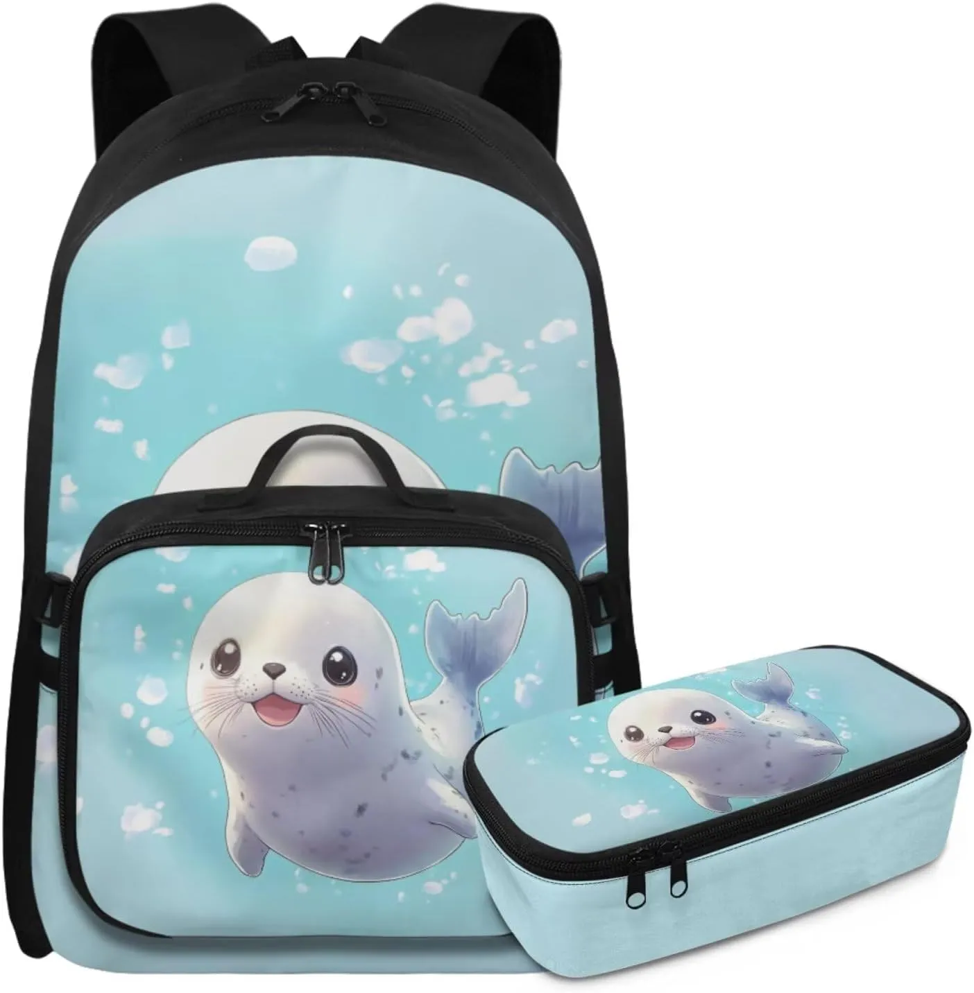 Rnyleeg Cute Seal Backpack for Boys 6-8 Lightweight Boys Backpack Ages 8-10 Large Capacity Elementary School Bookbag Set 3 in 1 School Supply Bag Casual Travel Daypack