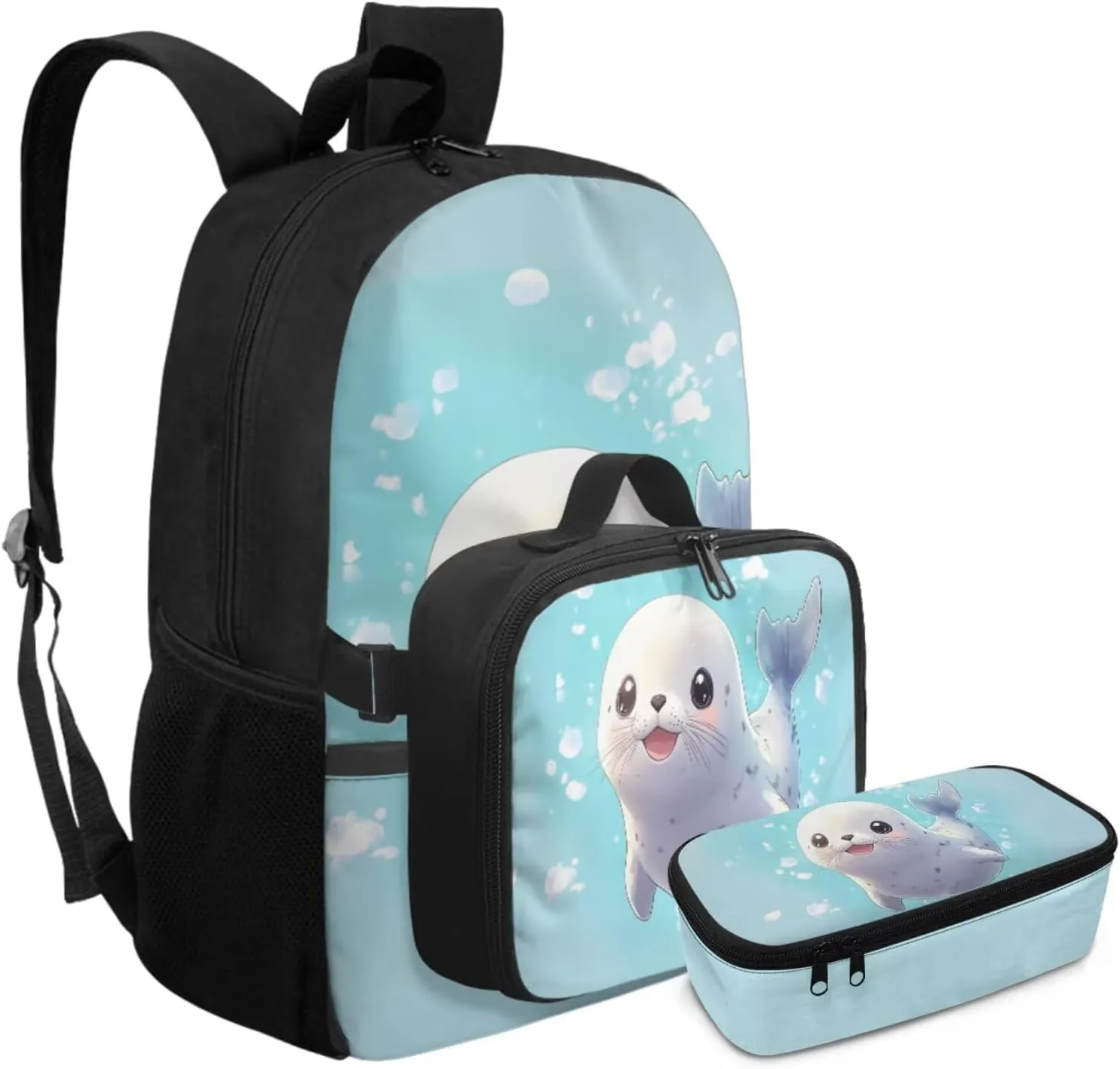 Rnyleeg Cute Seal Backpack for Boys 6-8 Lightweight Boys Backpack Ages 8-10 Large Capacity Elementary School Bookbag Set 3 in 1 School Supply Bag Casual Travel Daypack