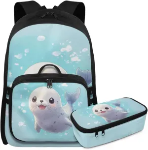 Rnyleeg Cute Seal Backpack for Boys 6-8 Lightweight Boys Backpack Ages 8-10 Large Capacity Elementary School Bookbag Set 3 in 1 School Supply Bag Casual Travel Daypack