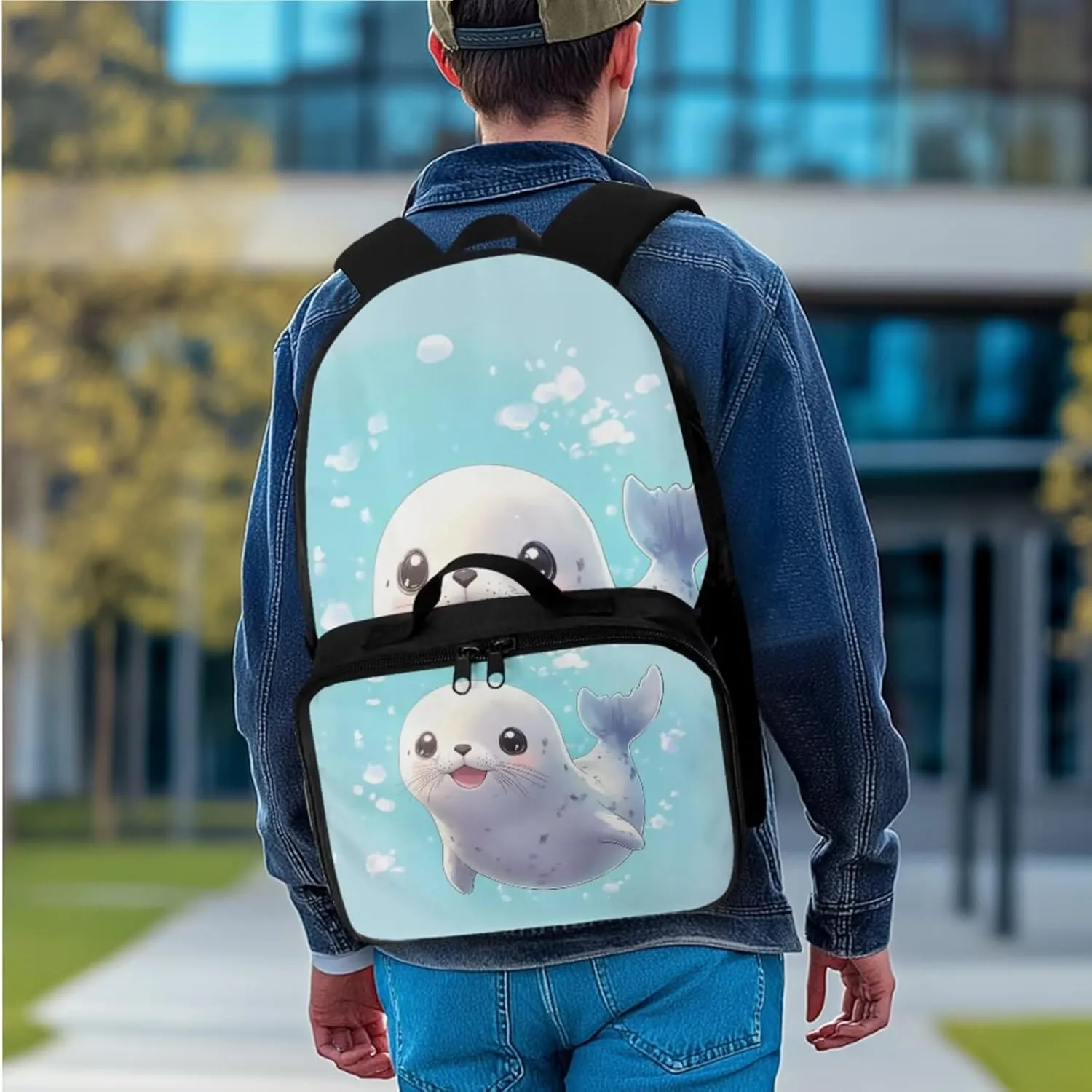 Rnyleeg Cute Seal Backpack for Boys 6-8 Lightweight Boys Backpack Ages 8-10 Large Capacity Elementary School Bookbag Set 3 in 1 School Supply Bag Casual Travel Daypack