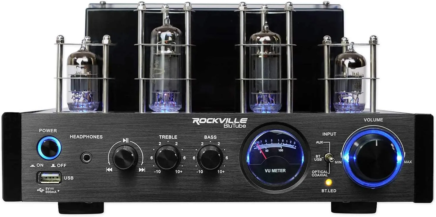 Rockville BluTube LED 70W Tube Amplifier Home Theater Stereo Receiver with Bluetooth, HDMI & Optical, Black with Blue Lights - Perfect for Audiophile Music, Home Theater & Gaming