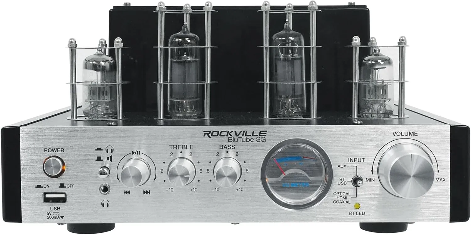 Rockville BluTube SG 70W Tube Amplifier Home Theater Stereo Receiver with Bluetooth, HDMI & Optical, Silver & Black Finish - Perfect for Audiophile Music, Home Theater & Gaming