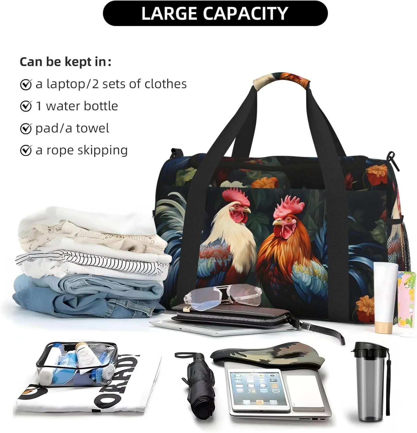 Rooster Floral Duffle Bag Foldable Travel Tote Bag Carry On Large Weekender Overnight Bags Waterproof Gym Bag For Women Men