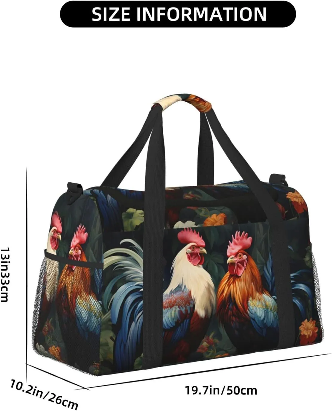 Rooster Floral Duffle Bag Foldable Travel Tote Bag Carry On Large Weekender Overnight Bags Waterproof Gym Bag For Women Men