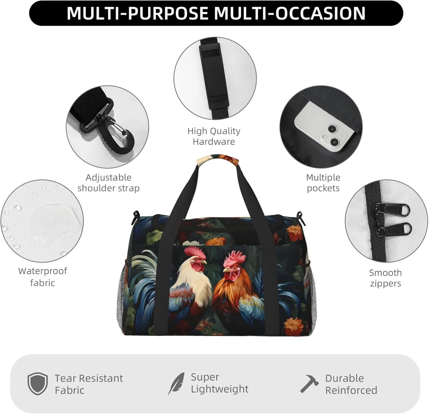 Rooster Floral Duffle Bag Foldable Travel Tote Bag Carry On Large Weekender Overnight Bags Waterproof Gym Bag For Women Men
