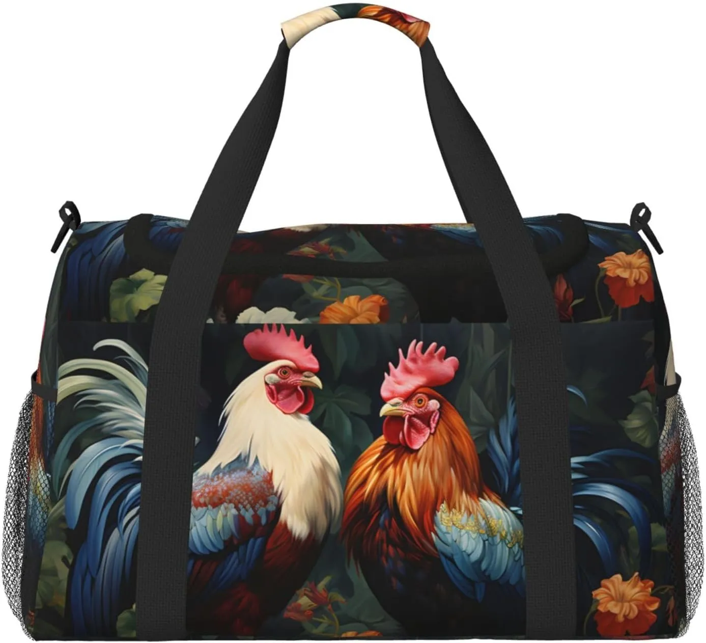 Rooster Floral Duffle Bag Foldable Travel Tote Bag Carry On Large Weekender Overnight Bags Waterproof Gym Bag For Women Men