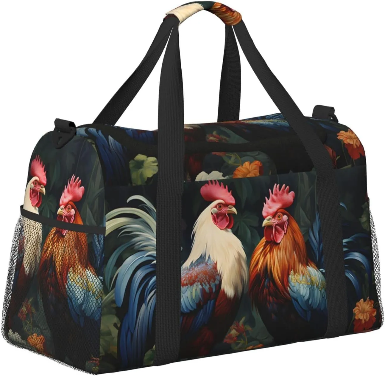 Rooster Floral Duffle Bag Foldable Travel Tote Bag Carry On Large Weekender Overnight Bags Waterproof Gym Bag For Women Men