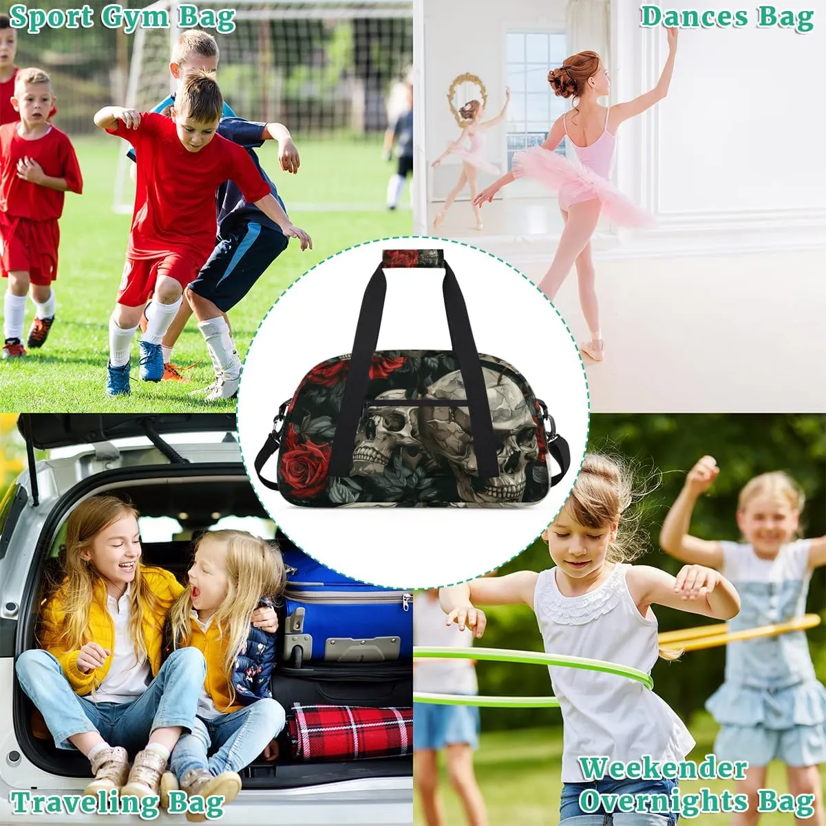 Rose Skull Boys Girls Gym Bag Dance Perform Training Duffel Bags Weekender Carry-On Tote Luggage Bag Ideal for School Practice or Overnight Trips