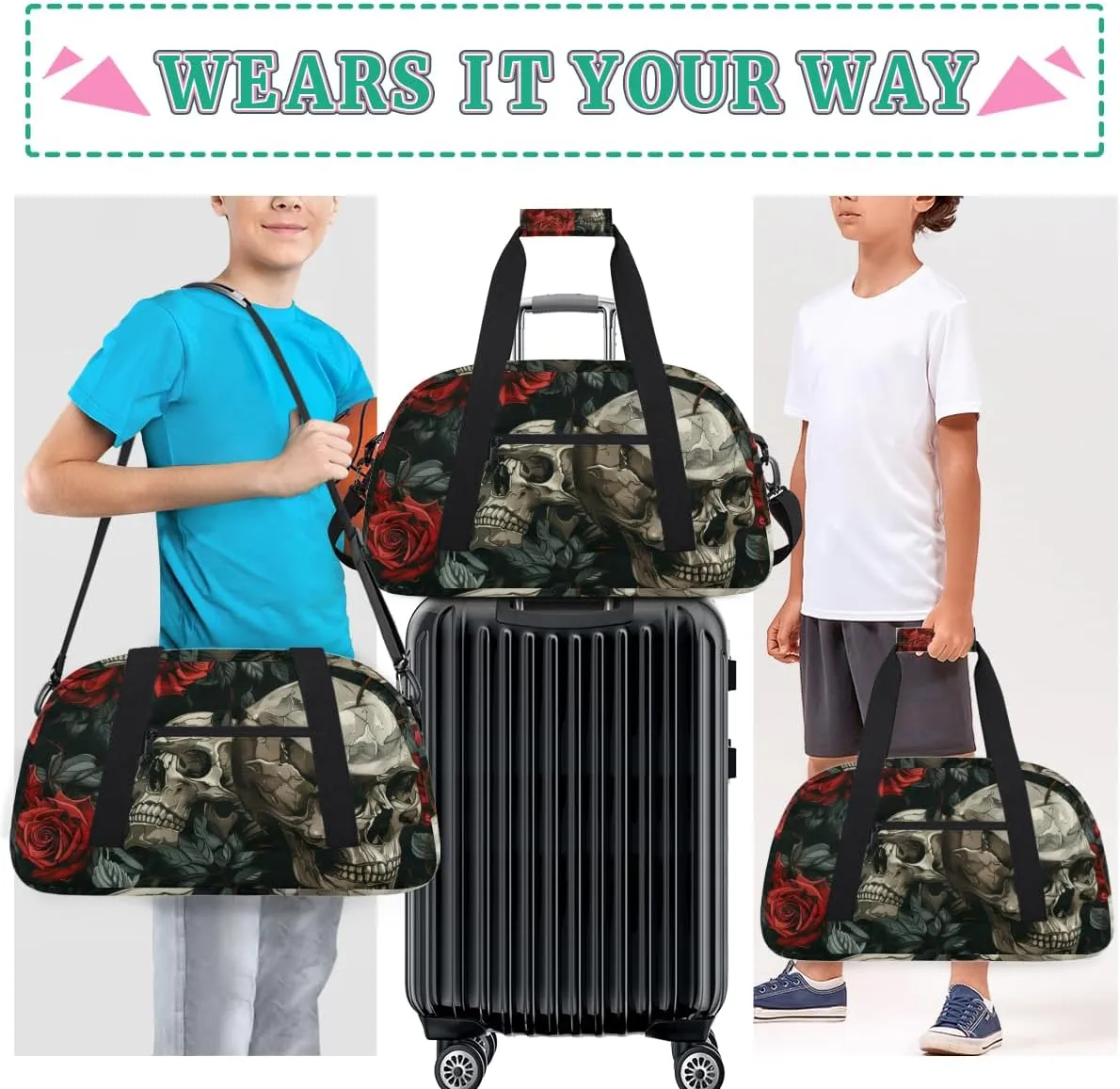 Rose Skull Boys Girls Gym Bag Dance Perform Training Duffel Bags Weekender Carry-On Tote Luggage Bag Ideal for School Practice or Overnight Trips