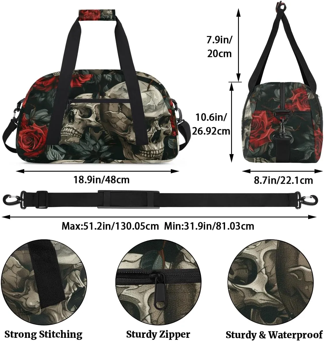 Rose Skull Boys Girls Gym Bag Dance Perform Training Duffel Bags Weekender Carry-On Tote Luggage Bag Ideal for School Practice or Overnight Trips