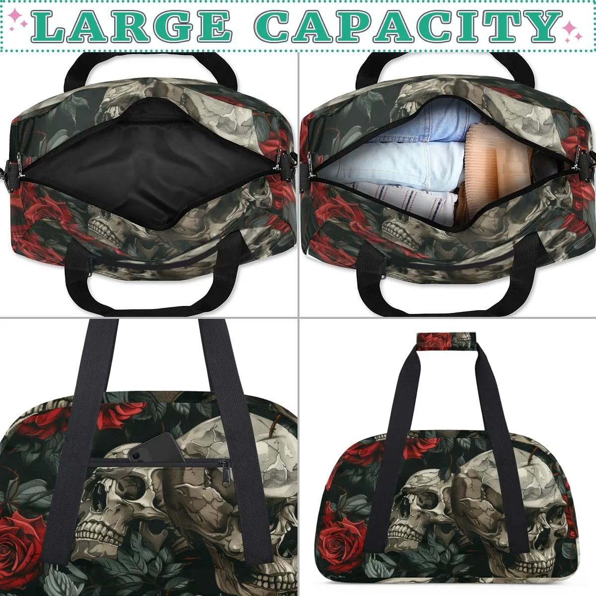 Rose Skull Boys Girls Gym Bag Dance Perform Training Duffel Bags Weekender Carry-On Tote Luggage Bag Ideal for School Practice or Overnight Trips