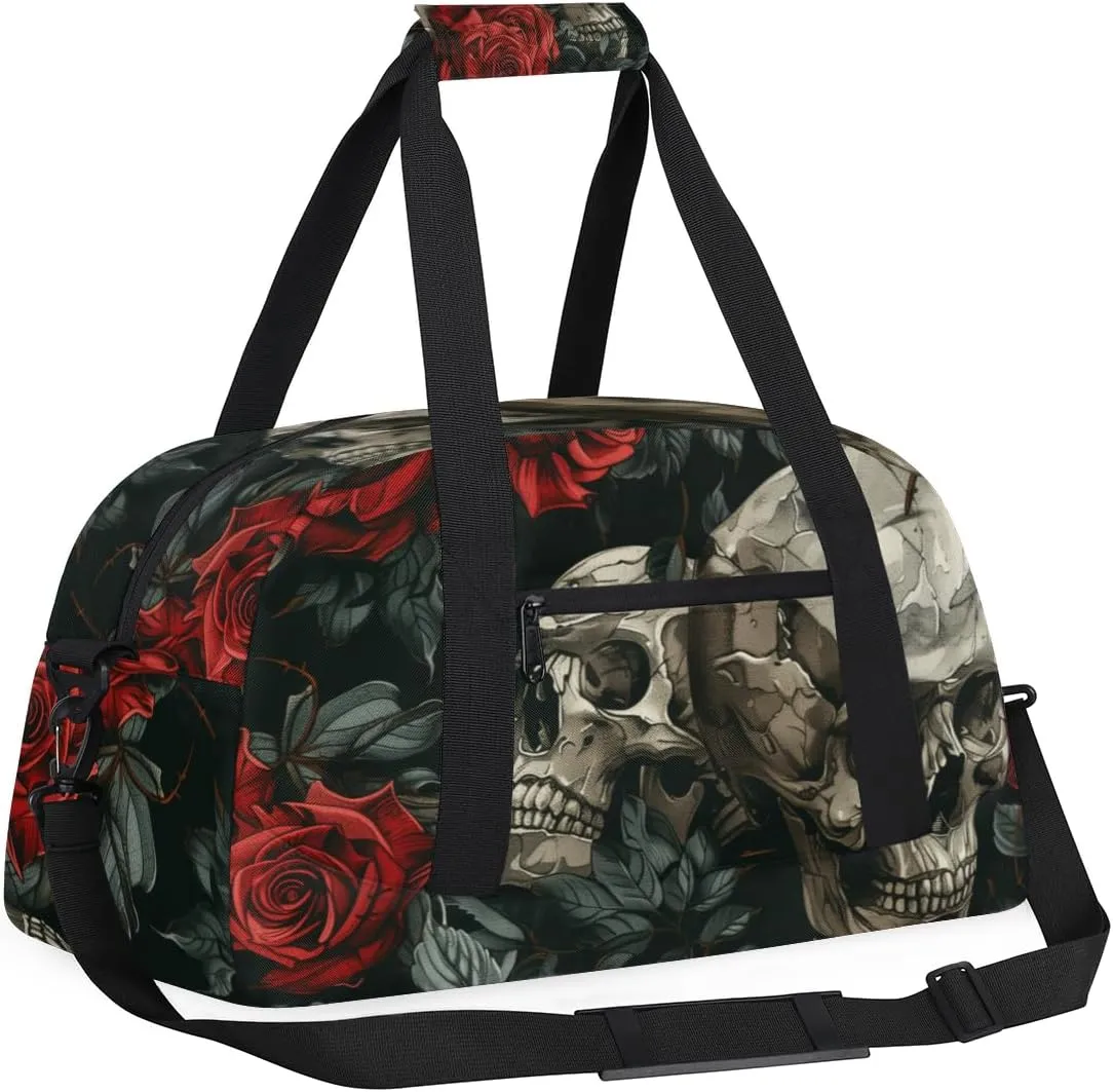 Rose Skull Boys Girls Gym Bag Dance Perform Training Duffel Bags Weekender Carry-On Tote Luggage Bag Ideal for School Practice or Overnight Trips