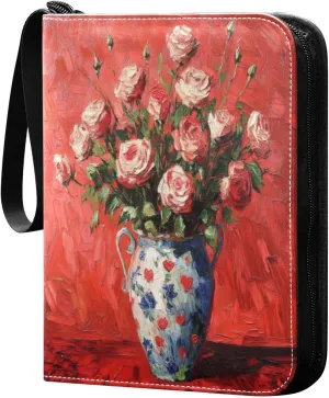 Roses Painting Card Binder 4-Pocket, 400 Pockets PU Waterproof Zippered Collector Card Album with 50 Removable Sleeves for Trading, Game Cards