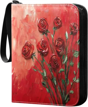 Roses Painting Card Binder 4-Pocket, 400 Pockets PU Waterproof Zippered Collector Card Album with 50 Removable Sleeves for Trading, Game Cards