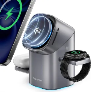 Rotating Wireless Charger, Qi2 Certified 2X Faster 15W for iPhone Charging Station 16/15/14/13/12, Apple Watch, AirPods, 3 in 1 Charging Station Apple Magnetic with Heat Dissipation, Grey