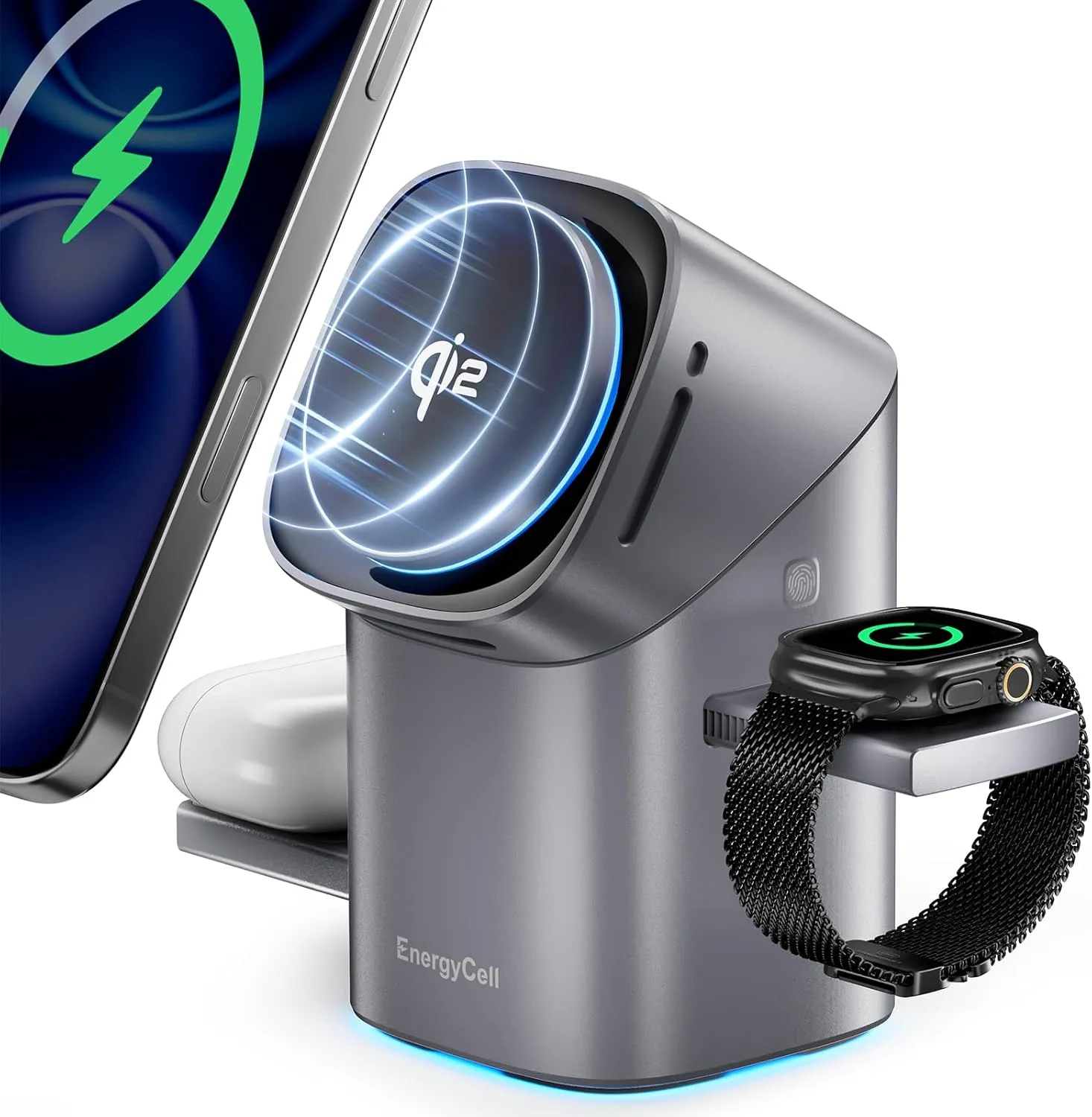 Rotating Wireless Charger, Qi2 Certified 2X Faster 15W for iPhone Charging Station 16/15/14/13/12, Apple Watch, AirPods, 3 in 1 Charging Station Apple Magnetic with Heat Dissipation, Grey