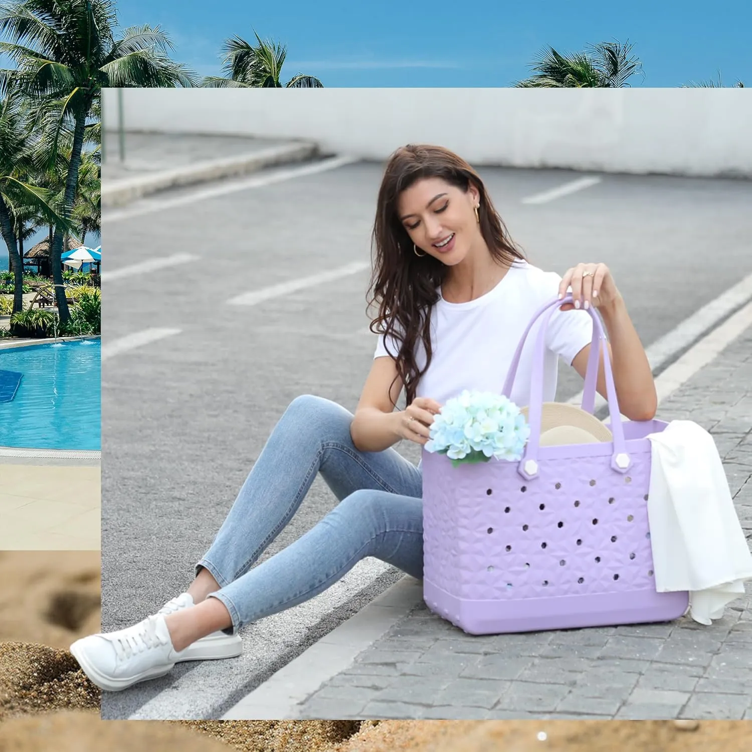 Rubber Beach Bag Waterproof Durable Tote Bag for Beach Sports Pool Modern Rubber Tote