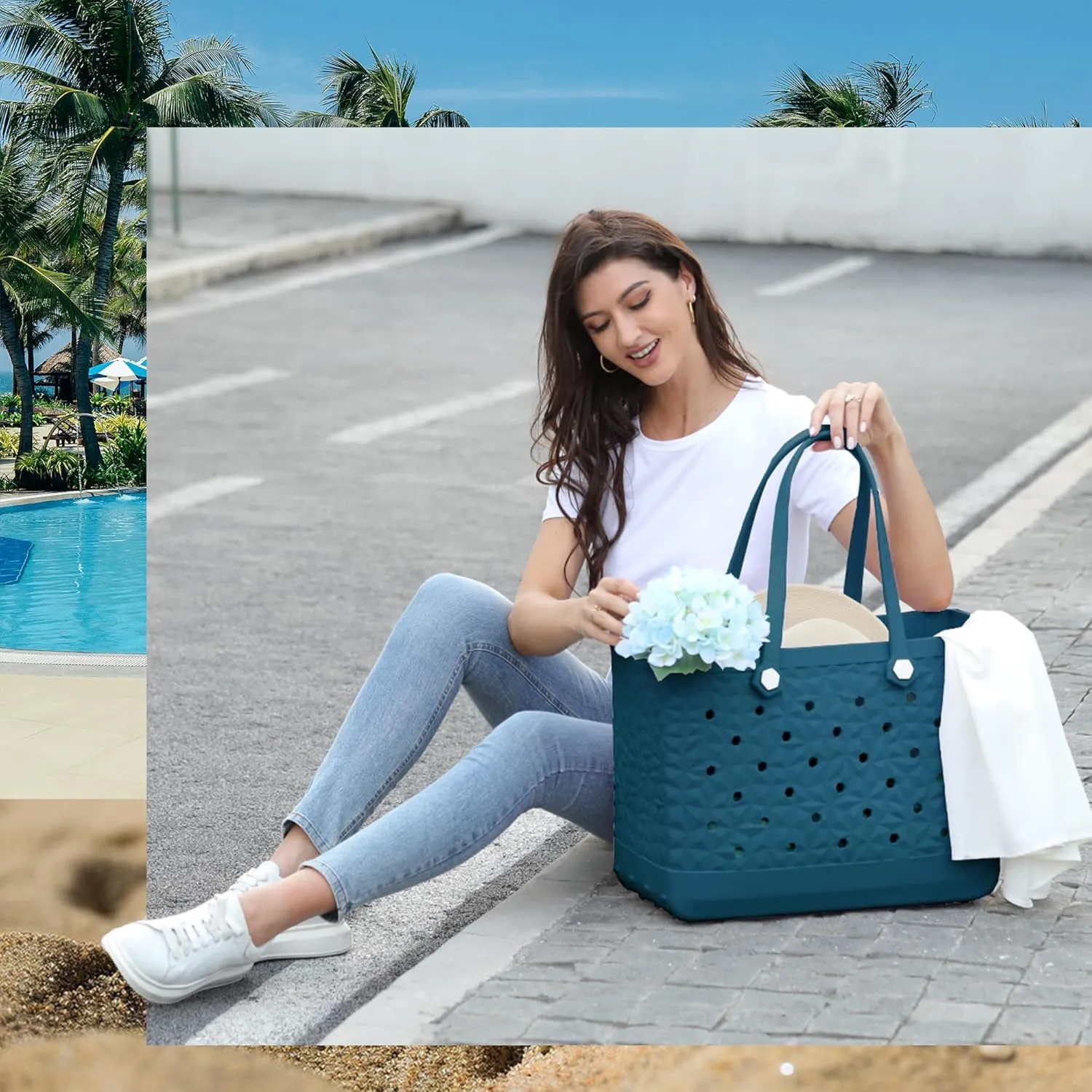 Rubber Beach Bag Waterproof Durable Tote Bag for Beach Sports Pool Modern Rubber Tote