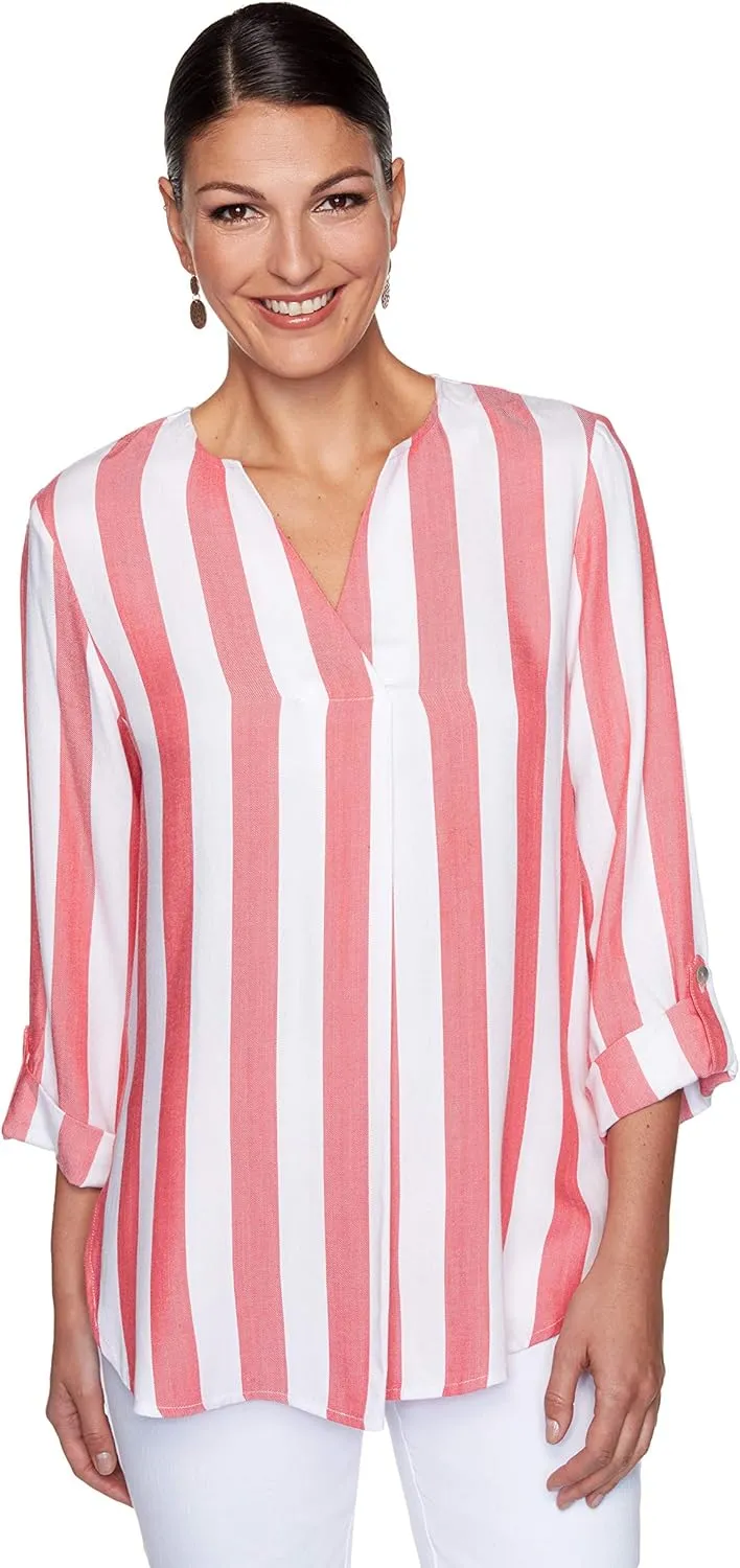 Ruby Rd. Women's Light Weight Split Neck Cabana Striped Top