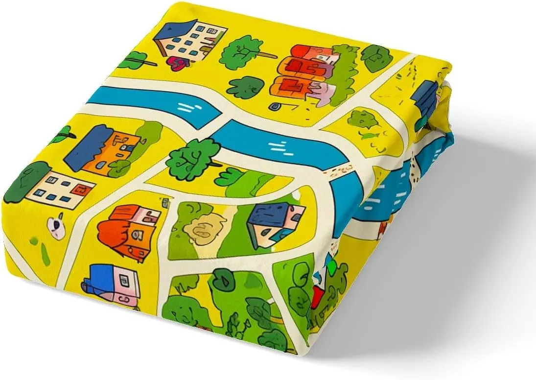 Rustic Countryside Fitted Sheet Queen Size Suburb House Tree River Hand Graffiti Bedding Sheet Set,Yellow Nature Roadway Landscape Bed Cover Ultra Soft Breathable Bedding 3 Pcs