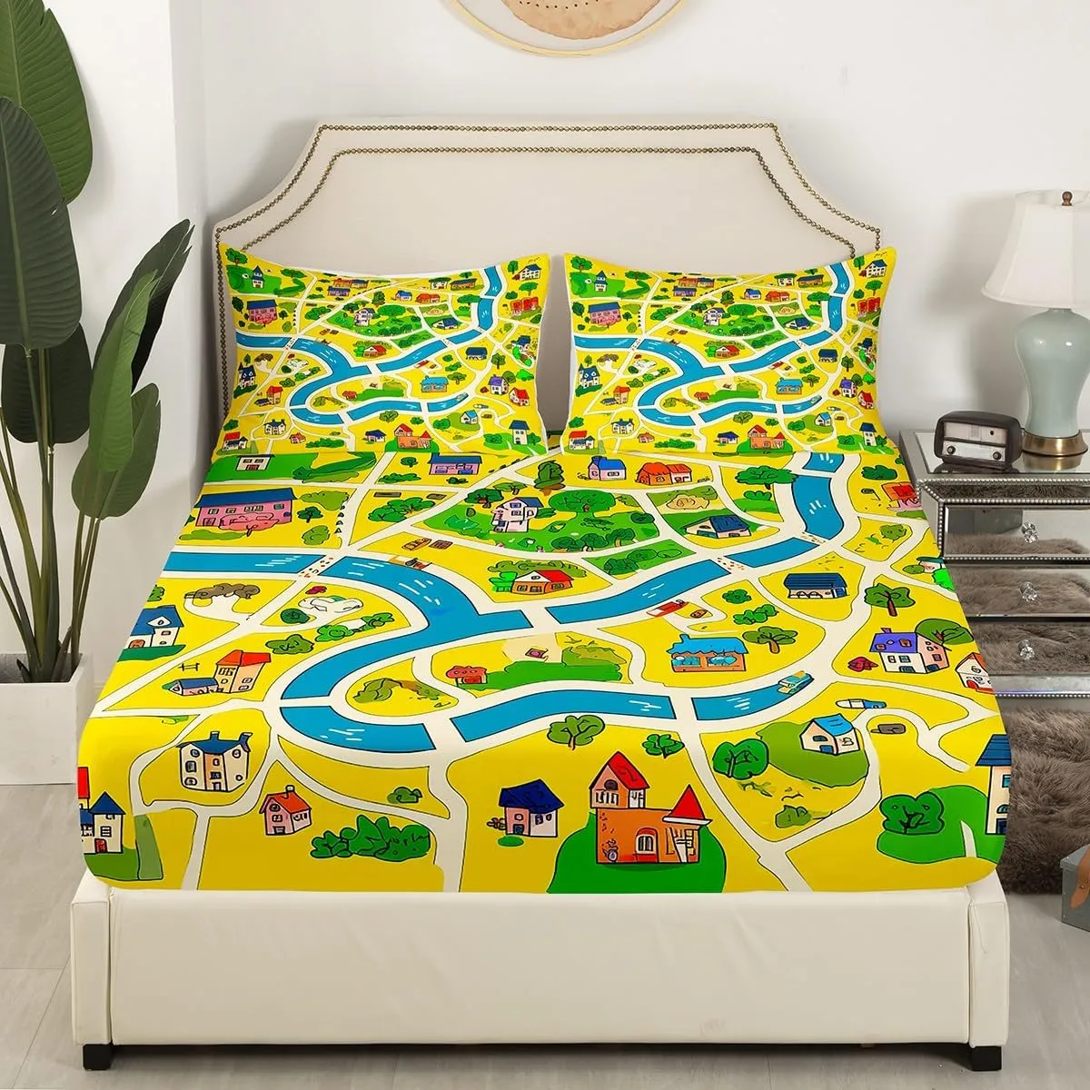 Rustic Countryside Fitted Sheet Queen Size Suburb House Tree River Hand Graffiti Bedding Sheet Set,Yellow Nature Roadway Landscape Bed Cover Ultra Soft Breathable Bedding 3 Pcs