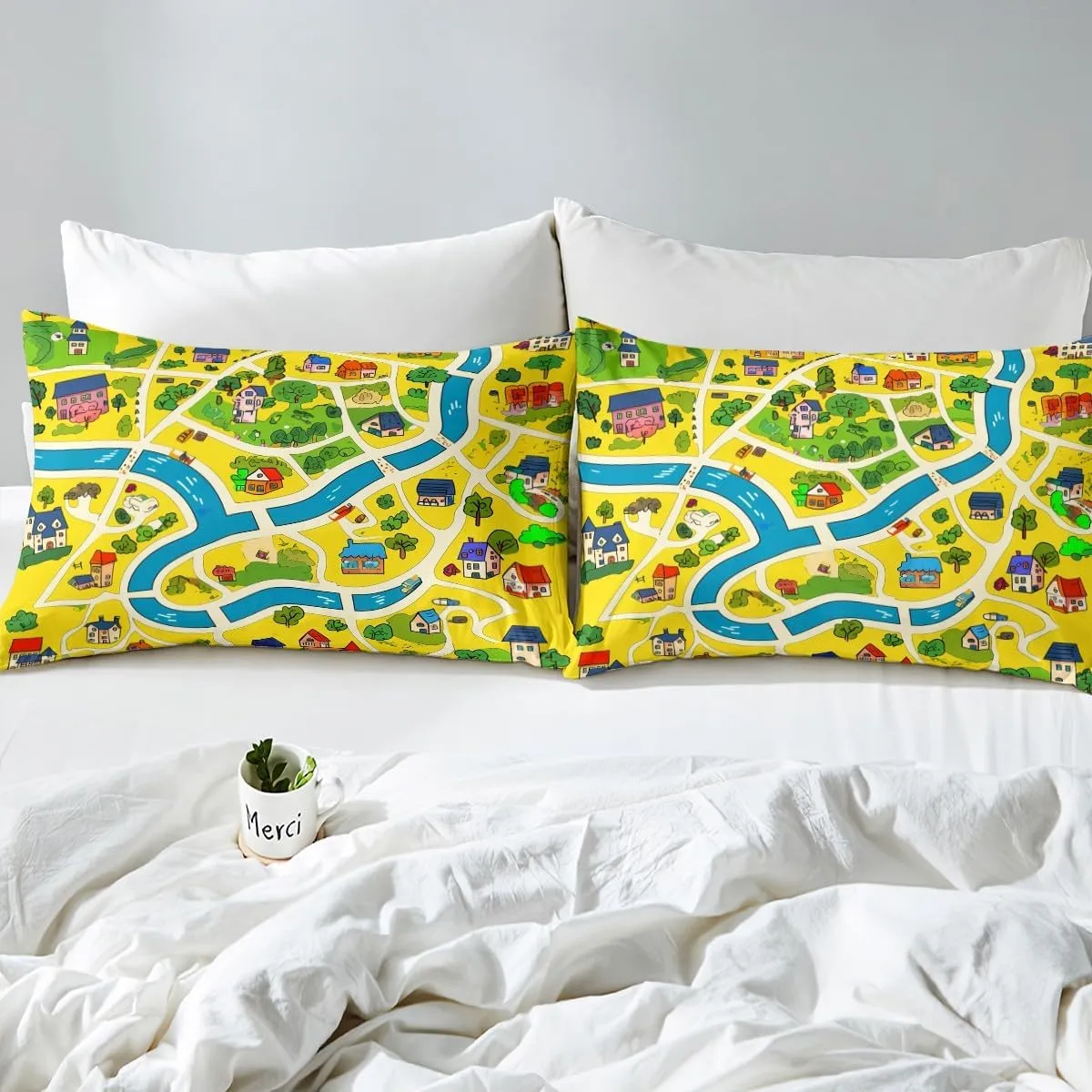 Rustic Countryside Fitted Sheet Queen Size Suburb House Tree River Hand Graffiti Bedding Sheet Set,Yellow Nature Roadway Landscape Bed Cover Ultra Soft Breathable Bedding 3 Pcs
