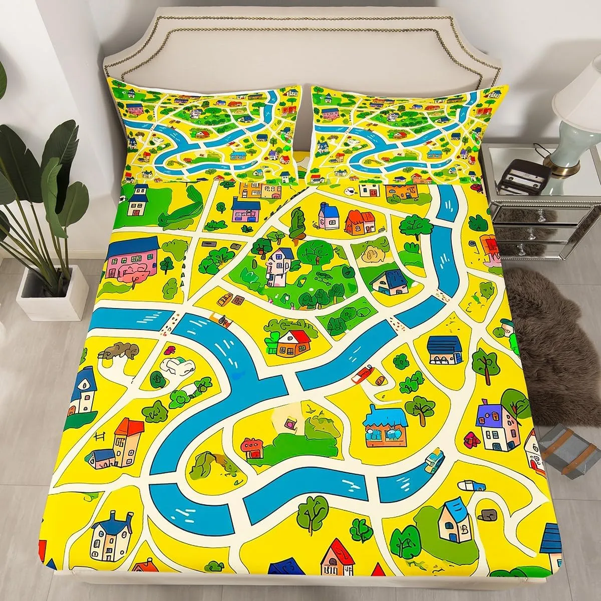 Rustic Countryside Fitted Sheet Queen Size Suburb House Tree River Hand Graffiti Bedding Sheet Set,Yellow Nature Roadway Landscape Bed Cover Ultra Soft Breathable Bedding 3 Pcs