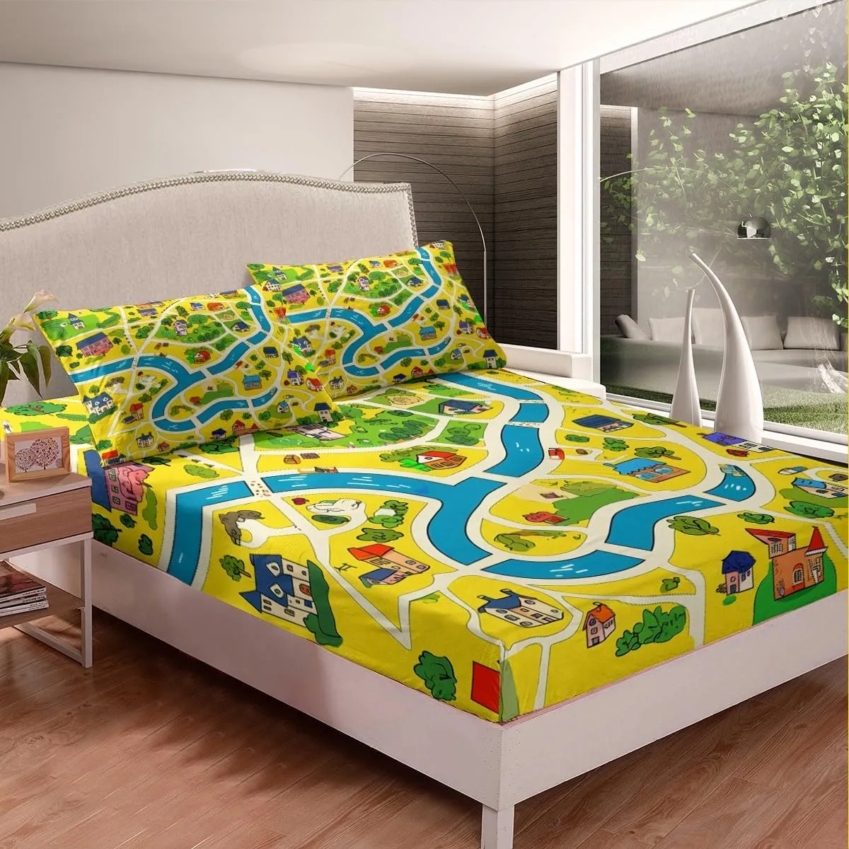 Rustic Countryside Fitted Sheet Queen Size Suburb House Tree River Hand Graffiti Bedding Sheet Set,Yellow Nature Roadway Landscape Bed Cover Ultra Soft Breathable Bedding 3 Pcs