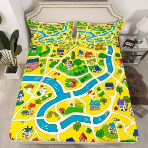 Rustic Countryside Fitted Sheet Queen Size Suburb House Tree River Hand Graffiti Bedding Sheet Set,Yellow Nature Roadway Landscape Bed Cover Ultra Soft Breathable Bedding 3 Pcs