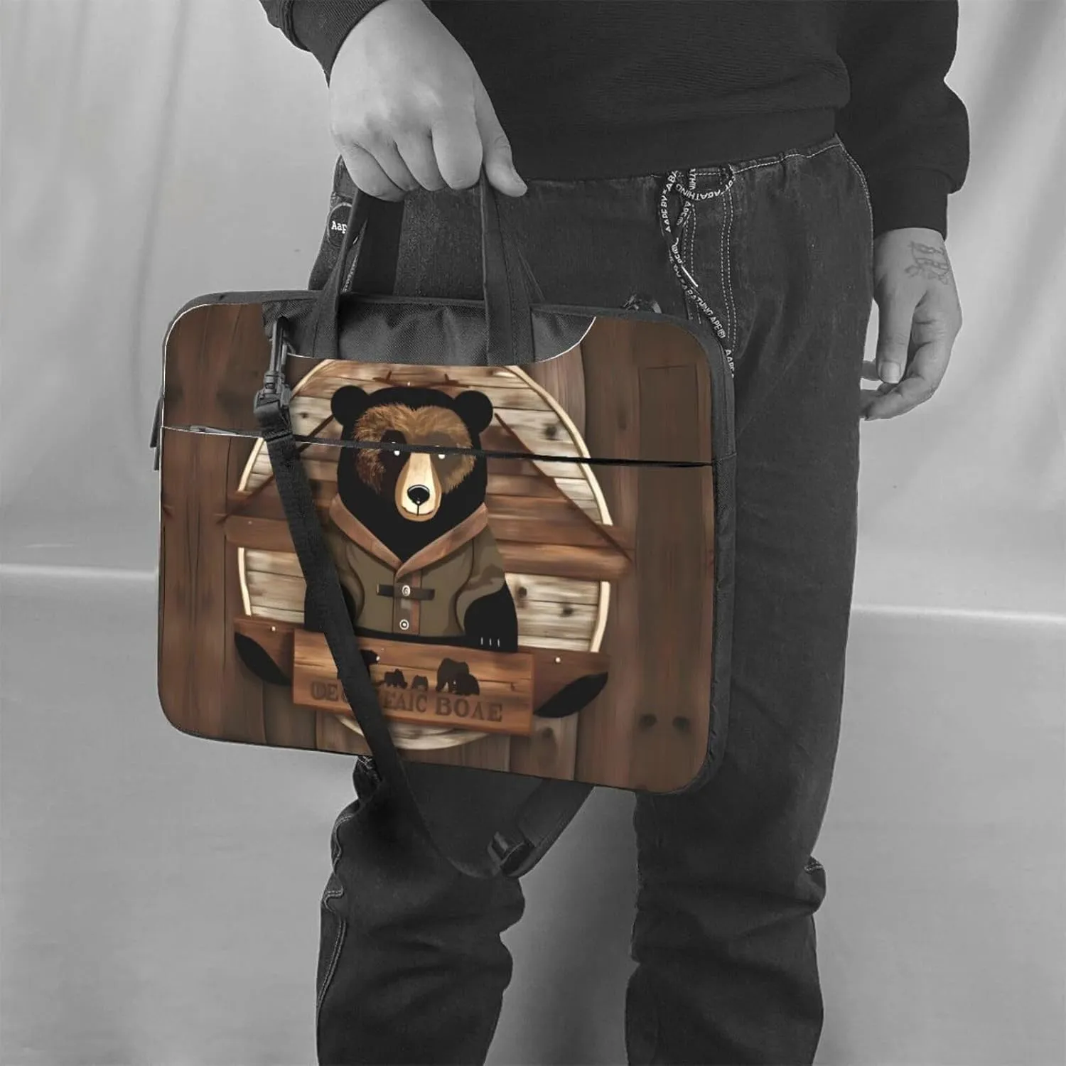 Rustic Lodge Bear Pattern Laptop Bag - with Soft Interior, Multiple Pockets - Ideal for Men, Travel and Business