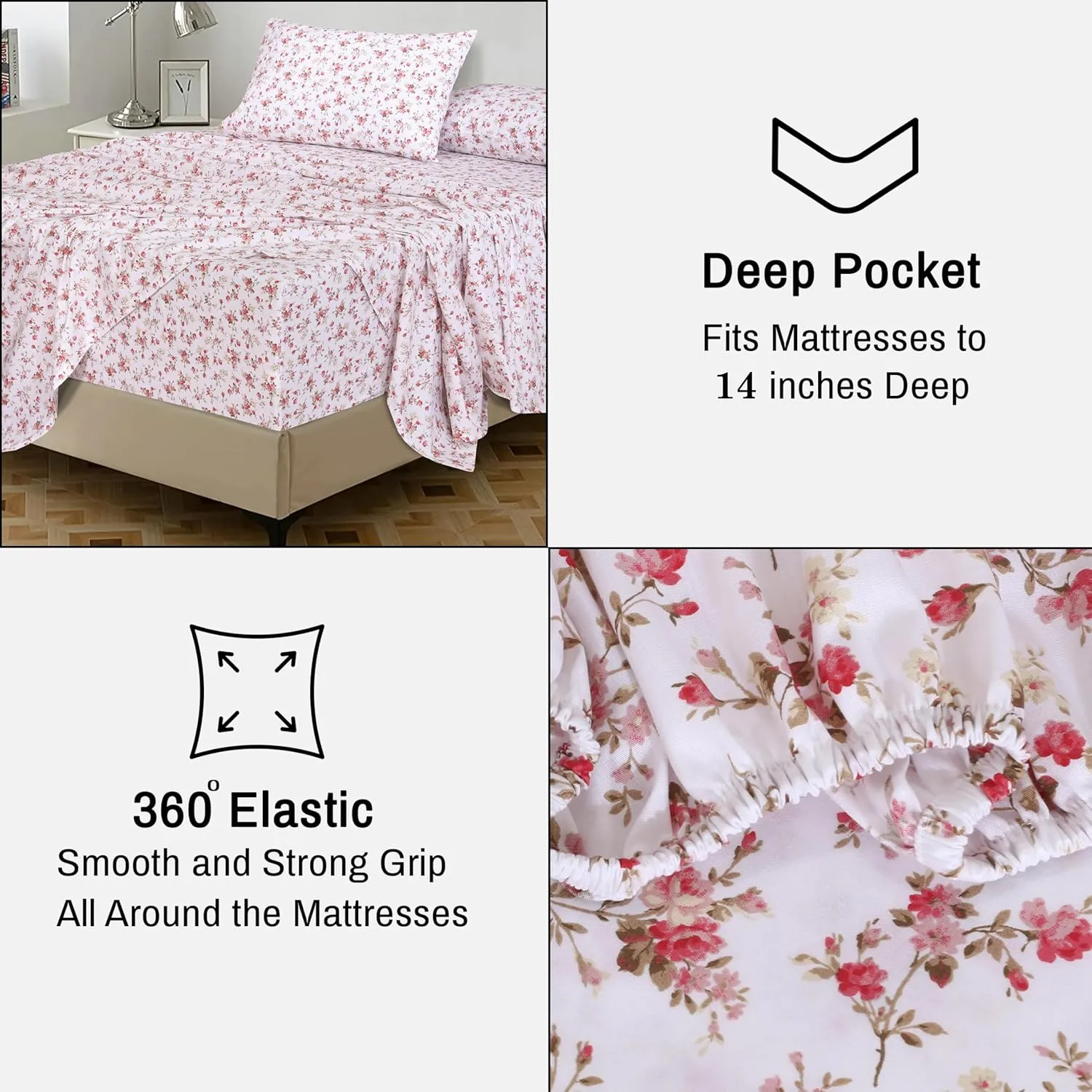 RUVANTI 100% Cotton Full Size Bed Sheets, 4 Pieces, Soft & Breathable Percale Weave Bedding, Deep Pocket 16", Hotel Standard, Crisp Cool Feel, Durable, Perfect Sheet Set Floral, Bouquet