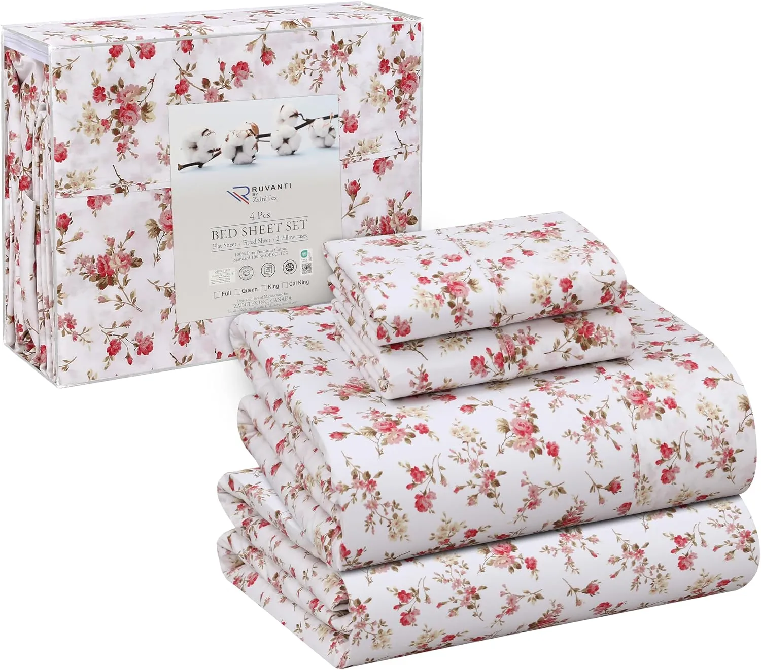 RUVANTI 100% Cotton Full Size Bed Sheets, 4 Pieces, Soft & Breathable Percale Weave Bedding, Deep Pocket 16", Hotel Standard, Crisp Cool Feel, Durable, Perfect Sheet Set Floral, Bouquet