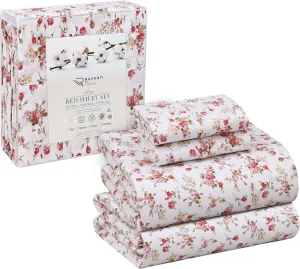 RUVANTI 100% Cotton Full Size Bed Sheets, 4 Pieces, Soft & Breathable Percale Weave Bedding, Deep Pocket 16", Hotel Standard, Crisp Cool Feel, Durable, Perfect Sheet Set Floral, Bouquet