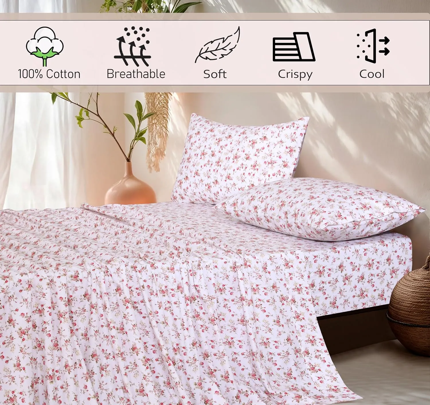 RUVANTI 100% Cotton Full Size Bed Sheets, 4 Pieces, Soft & Breathable Percale Weave Bedding, Deep Pocket 16", Hotel Standard, Crisp Cool Feel, Durable, Perfect Sheet Set Floral, Bouquet