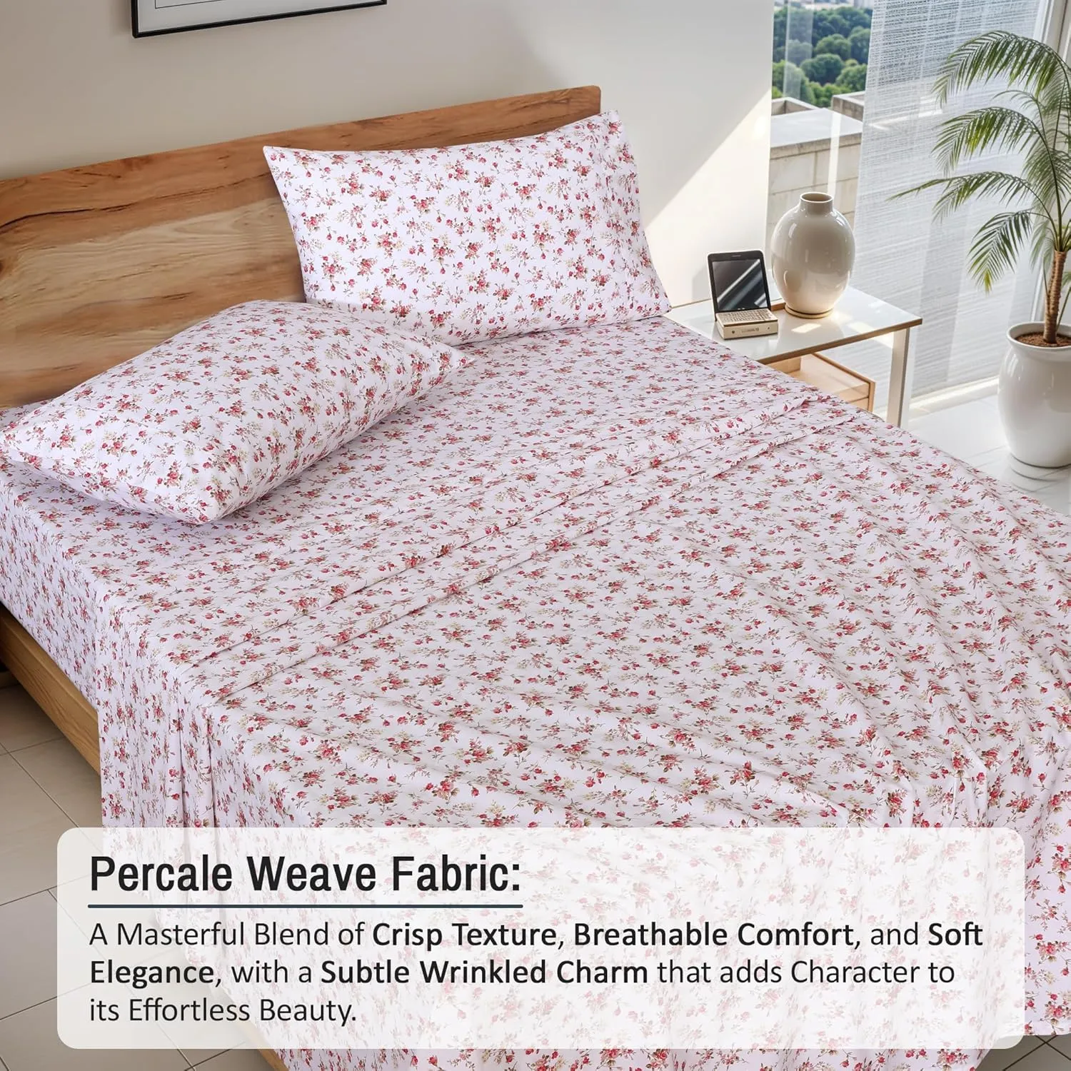 RUVANTI 100% Cotton Full Size Bed Sheets, 4 Pieces, Soft & Breathable Percale Weave Bedding, Deep Pocket 16", Hotel Standard, Crisp Cool Feel, Durable, Perfect Sheet Set Floral, Bouquet