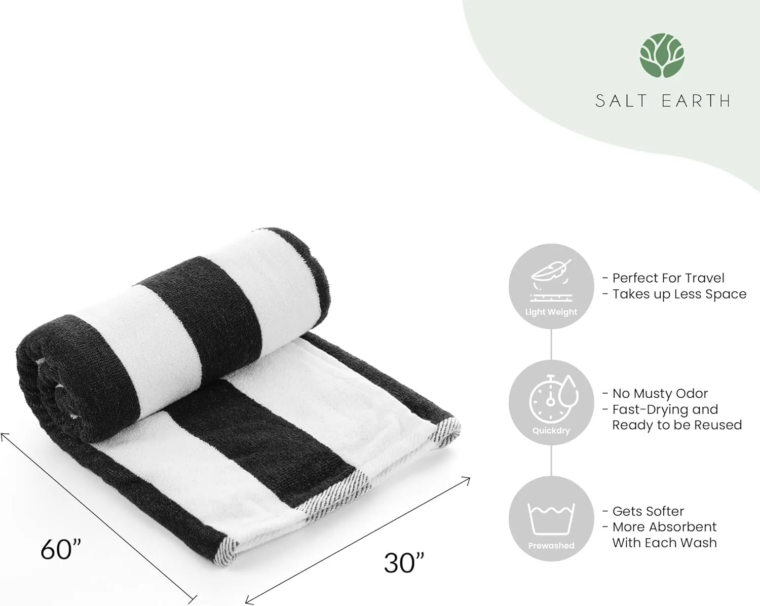 Salt Earth Cotton Beach Towels, 4 Pack - 30"x60" Quick Dry Towels for Beach, Pool, Gym & Bathroom - Oversized Terry Cabana Striped Towels (Steel Grey)