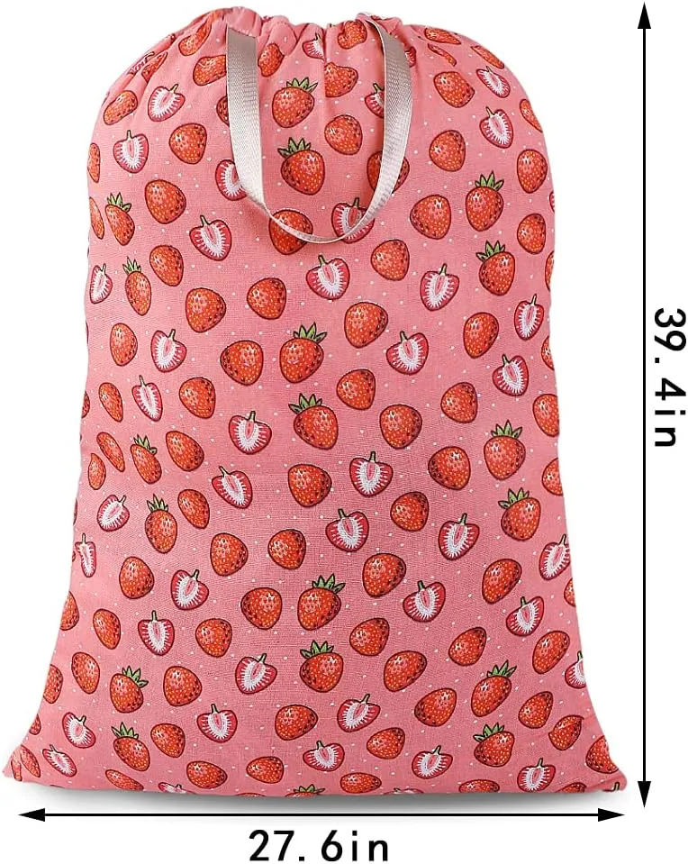 Sanlykate Extra Large Laundry Bag with Drawstring Closure and Handle, 28 x 40 Inch Heavy Duty Travel Dirty Clothes Bag for Laundromat and Household, Pink Strawberry