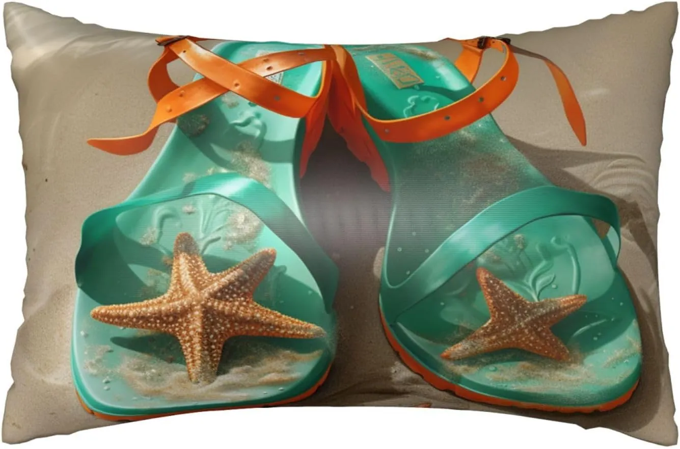 Satin Pillowcase for Hair and Skin, Ultra Soft Silk Pillow Case 20"X 30" with Hidden Zipper Cooling Smooth Satin Pillow Cases Flip-Flops On A Sandy Beach Pillow Cover, Gift for Women Men
