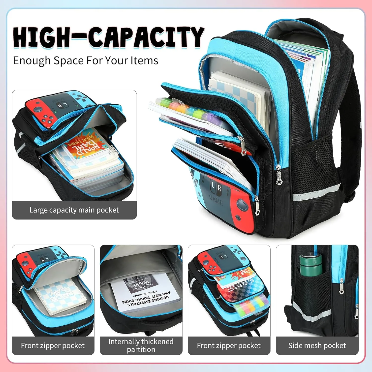 School Backpack For Boys bookbag Game Backpack For Kids Junior High School Primary School Boys Backpack (Blue&red)