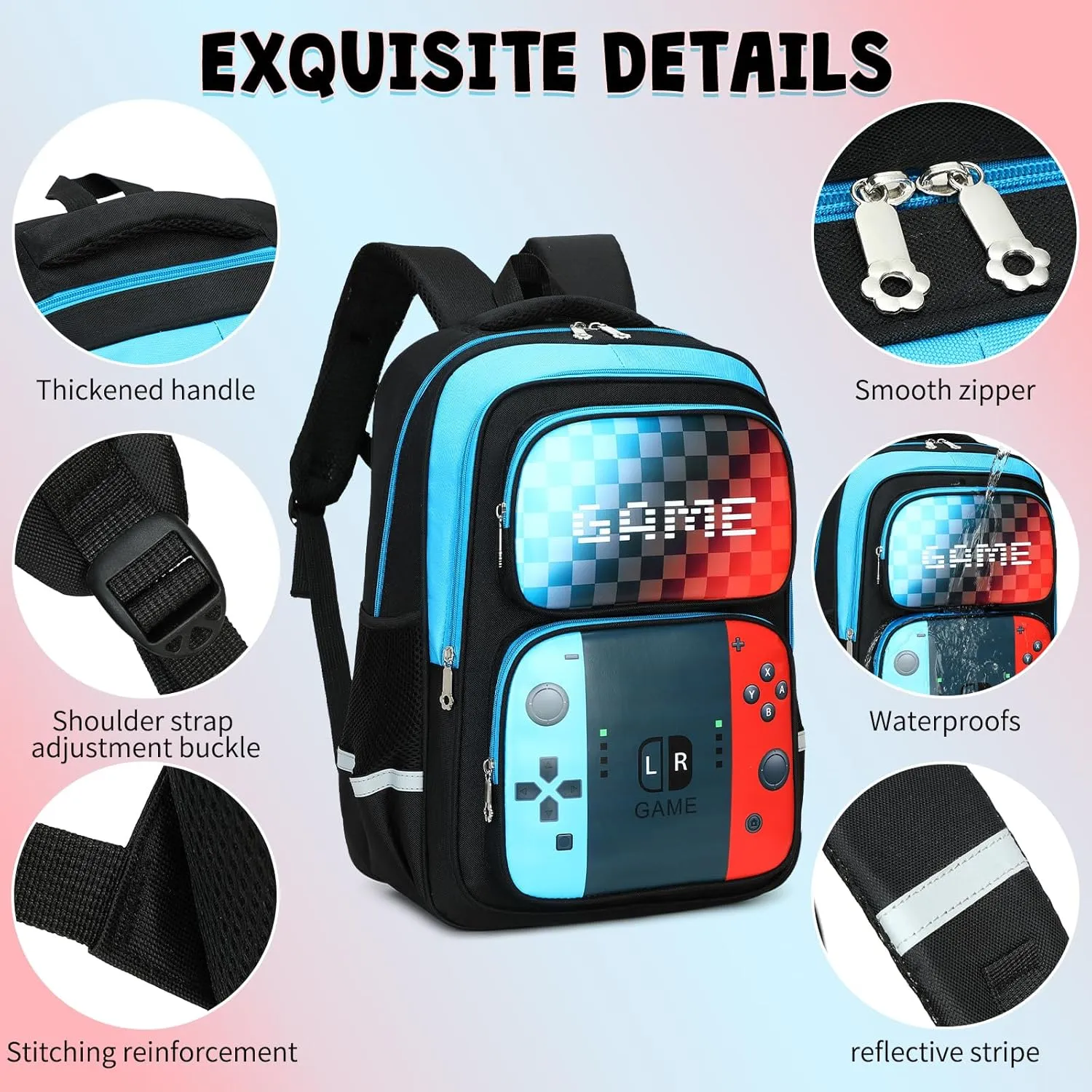 School Backpack For Boys bookbag Game Backpack For Kids Junior High School Primary School Boys Backpack (Blue&red)