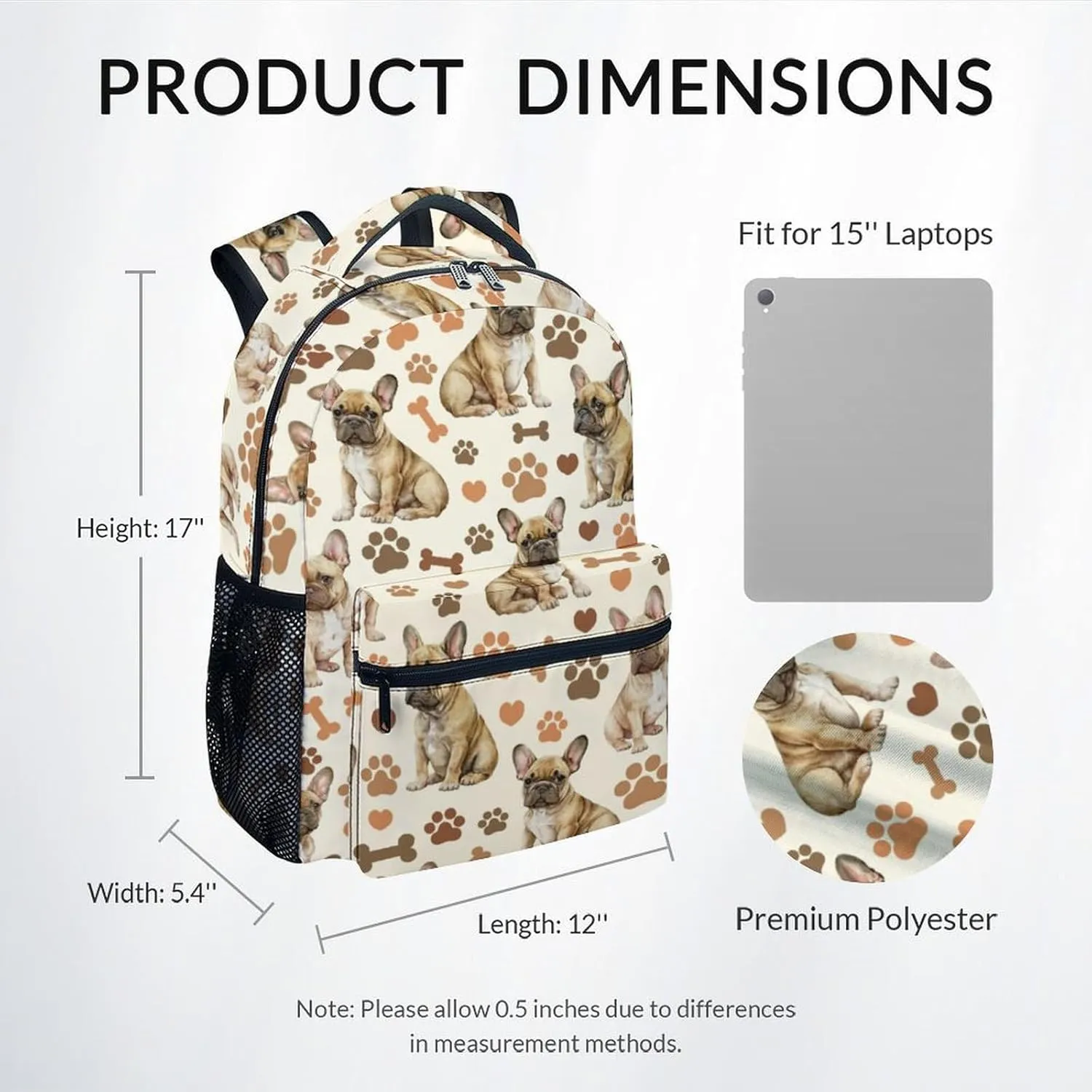 School Backpack for Kids, Cute Bulldogs Backpack for School Travel, 17 Inch Dog Bookbag for Boys Girls