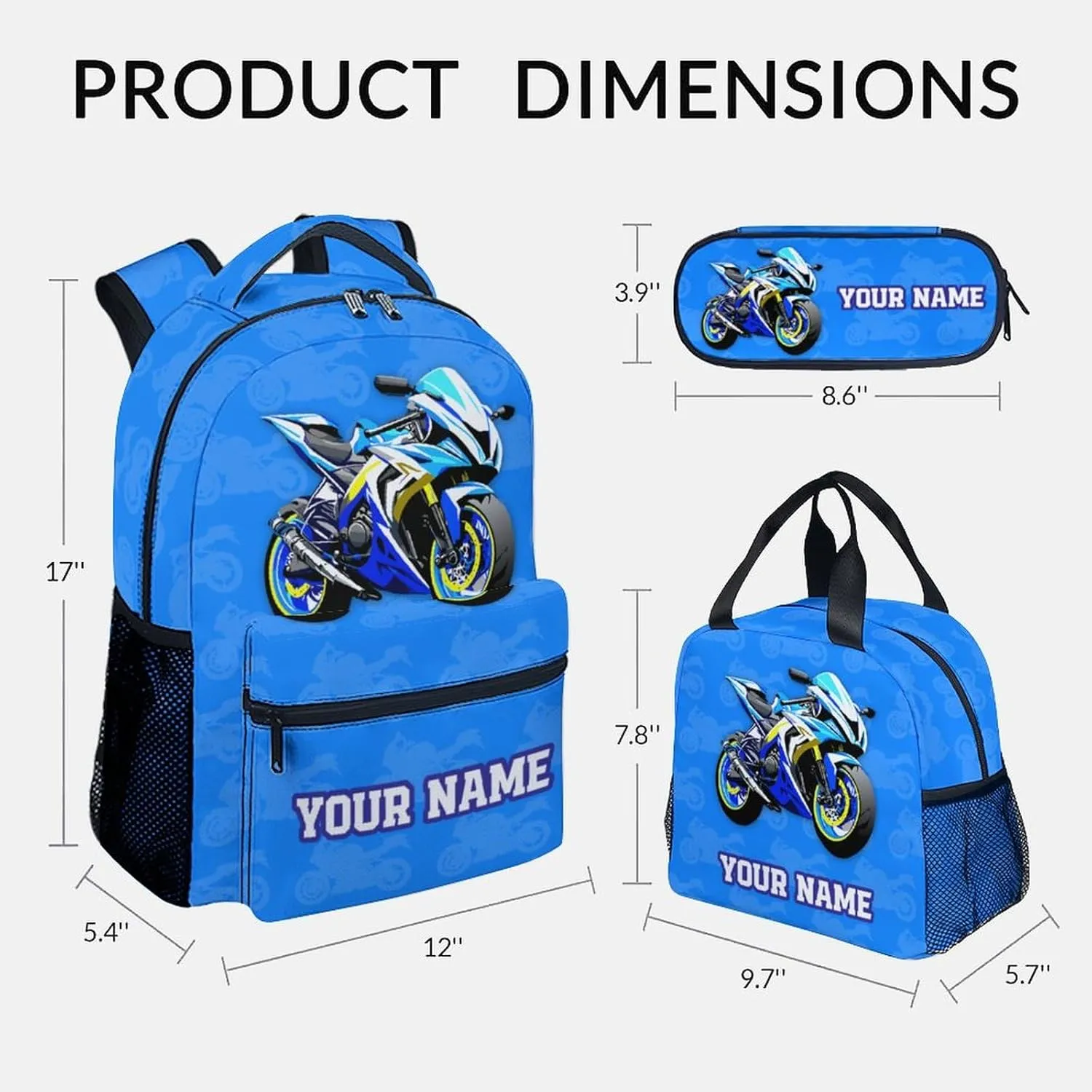 School Backpack Set for Kids, Custom Cute Motorcycle Backpack with Lunch Box for School Travel, 17 Inch 3 in 1 Bookbag for Boys