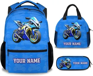 School Backpack Set for Kids, Custom Cute Motorcycle Backpack with Lunch Box for School Travel, 17 Inch 3 in 1 Bookbag for Boys