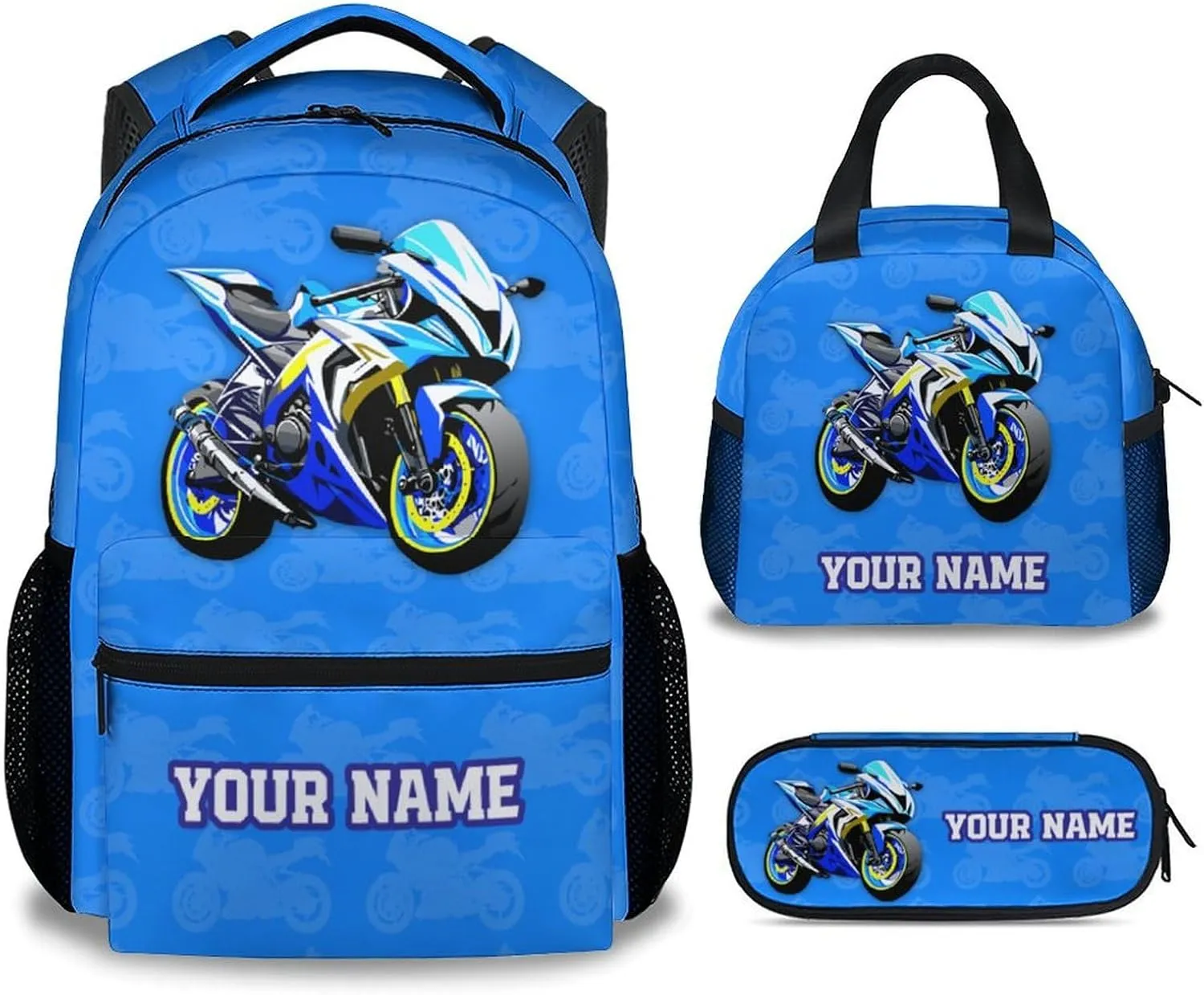 School Backpack Set for Kids, Custom Cute Motorcycle Backpack with Lunch Box for School Travel, 17 Inch 3 in 1 Bookbag for Boys