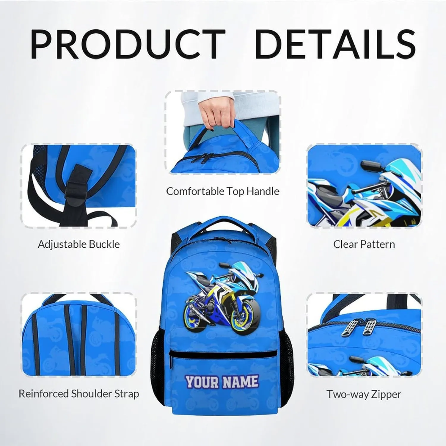 School Backpack Set for Kids, Custom Cute Motorcycle Backpack with Lunch Box for School Travel, 17 Inch 3 in 1 Bookbag for Boys