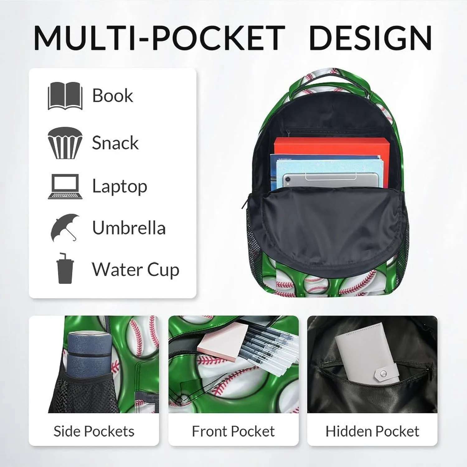 School Bags for Boys - 17 Inch Baseball Kid Backpack - Large Capacity, Durable, Lightweight - 2D Green Bookbag for School, Travel and Camp