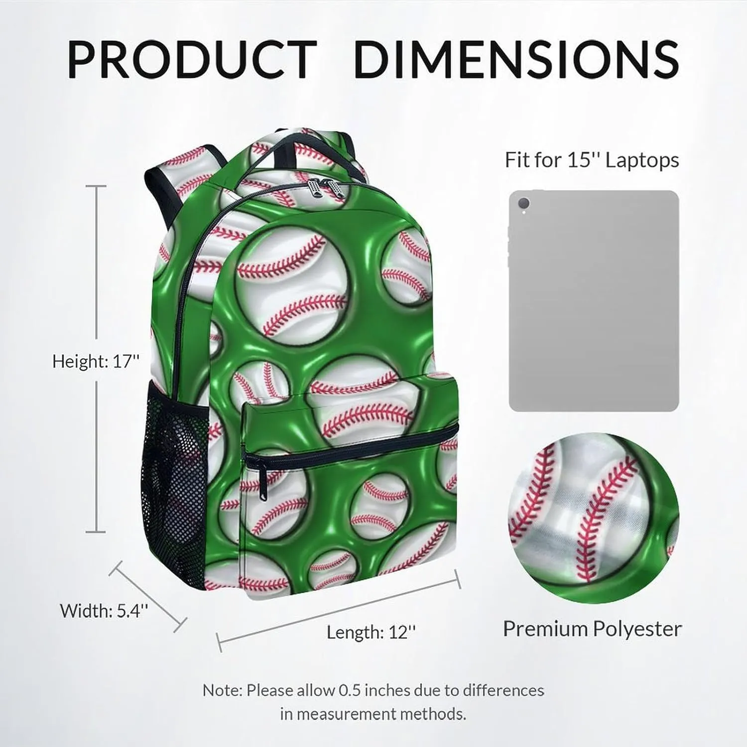 School Bags for Boys - 17 Inch Baseball Kid Backpack - Large Capacity, Durable, Lightweight - 2D Green Bookbag for School, Travel and Camp