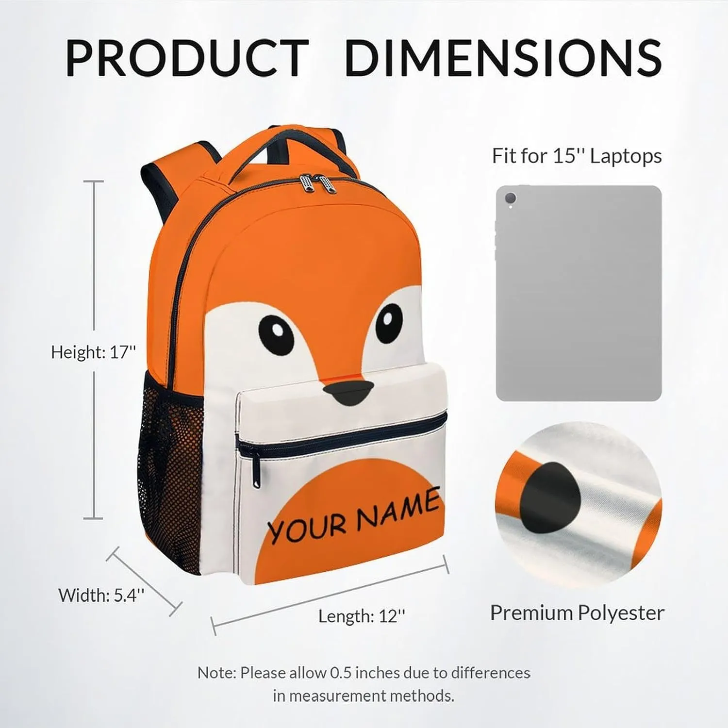 School Bags for Girls - 17 Inch Custom Fox Kid Backpack - Large Capacity, Durable, Lightweight - Orange Bookbag for School, Travel and Camp