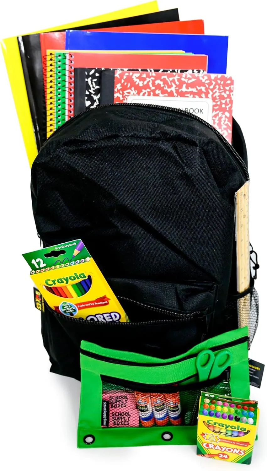 School Supply Boxes | 17" Solid Black Backpack Bundle for Elementary School | Back to School Bookbag with Supplies | Contains Crayons, Colored Pencils, Ruler, Disappearing Glue, Notebooks, and more
