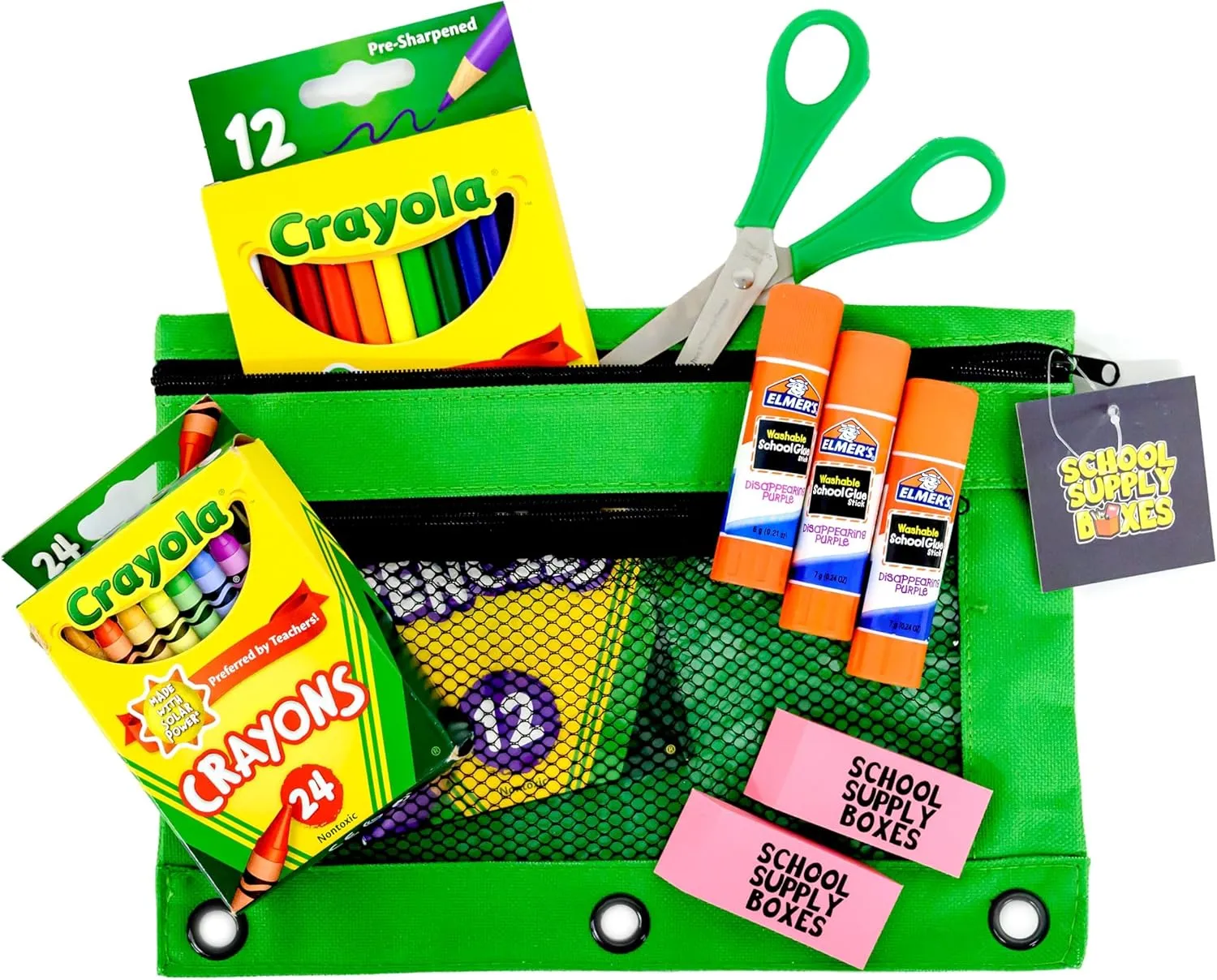 School Supply Boxes | 17" Solid Black Backpack Bundle for Elementary School | Back to School Bookbag with Supplies | Contains Crayons, Colored Pencils, Ruler, Disappearing Glue, Notebooks, and more